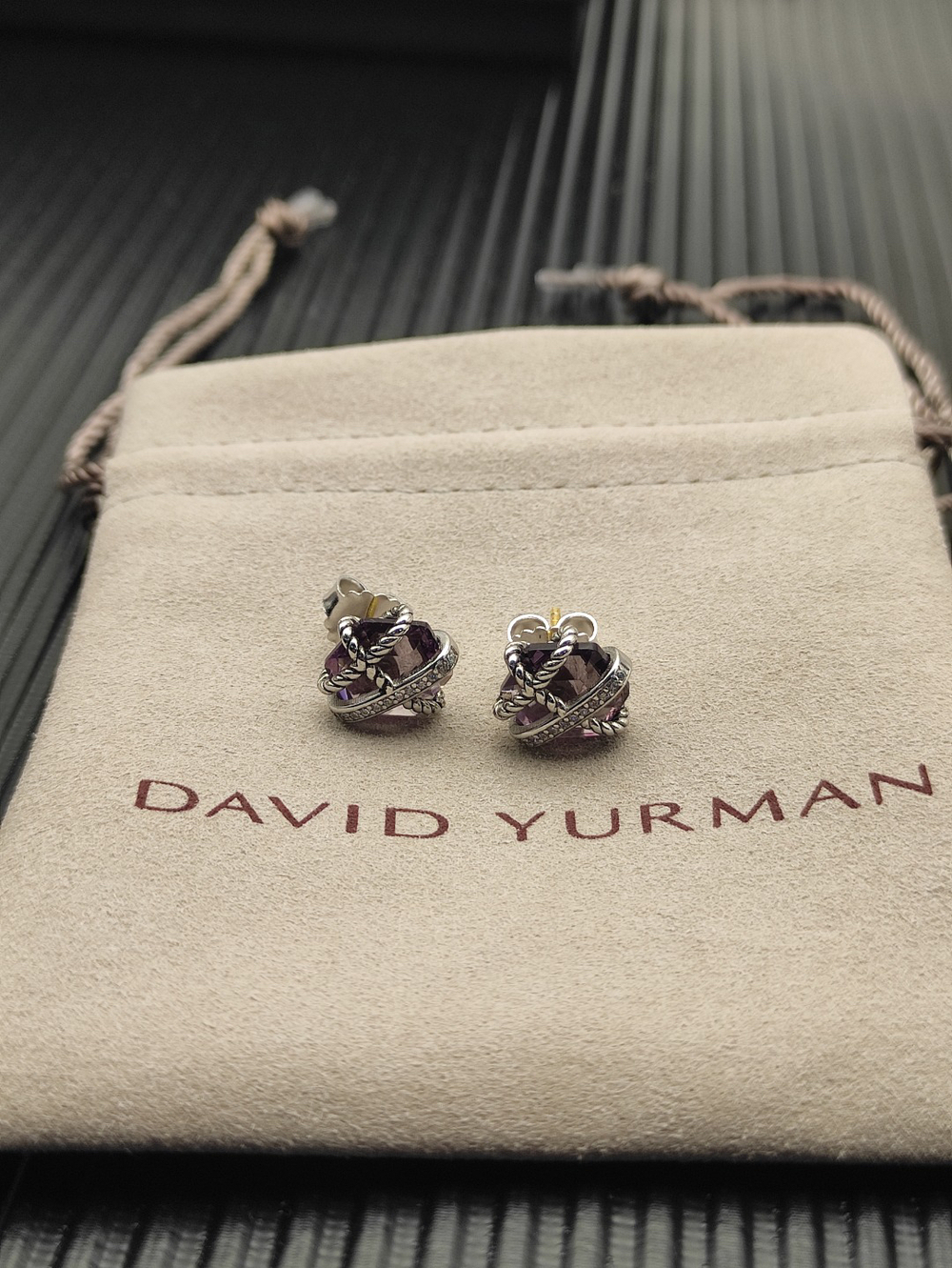 David Yurman hexagonal purple diamond stud earrings